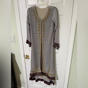 Elegant Gray and Gold Embellished Long Dress